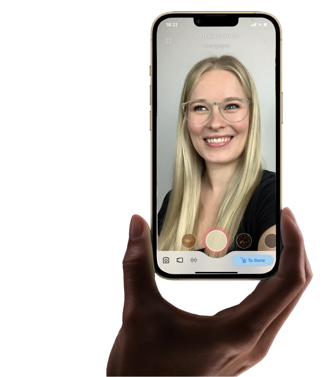 Woman trying on glasses virtually on a smartphone
